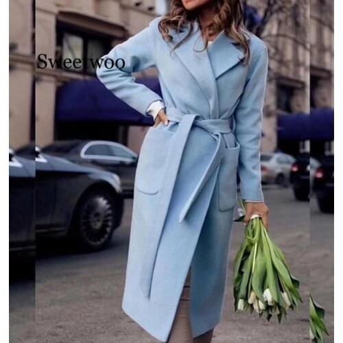 Elegant Long Womens coat lapel 2 pockets belted Jackets solid color coats Female Outerwear