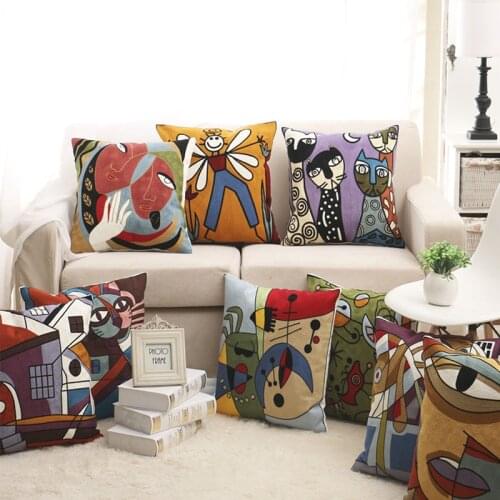 100% Cotton Picasso Style Embroidered Square Pillow Case Sofa Cushion Cover For Car Chair Cushion Case 45x45cm Without Stuffing
