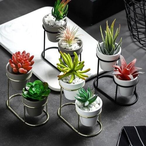 2 In1 Mini Succulents Flower Pots Metal Stand Holder Ceramic Succulent Planter Pot Flower Planter with Stand Display
