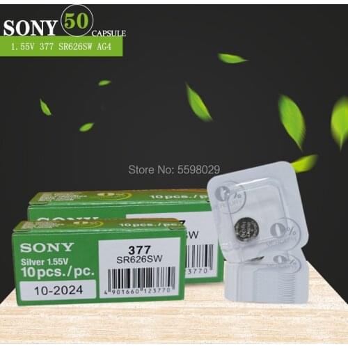 50pc For Sony Original 377 SR626SW SR626 AG4 1.55V Silver Oxide Watch Battery SR626SW 377 Button Coin Cell Single grain packing