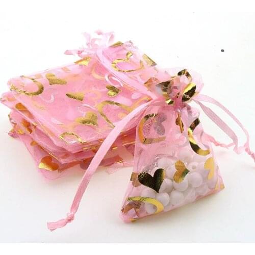 7x9cm Pink Heart Bronzing Organza Jewelry Popular Gift Bags Cheap Pouches Packag Coffee Beans Bags 100pcs/lot Wholesale