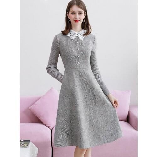 Abrini Woolen Vintage Grey Dress A-Line Elegant Slim Lace Up Button Dress Warm Office Lady Knee Elastic Preppy Style Lace 2021