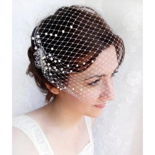 White Wedding Veil Pearls Birdcage Veil Two Comb White Net Mask Face Veil Hair Jewelry Accessories Veil for The Bride 2021