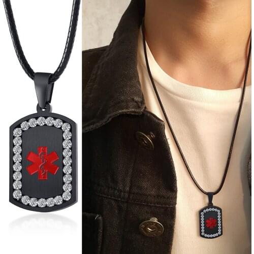 Free Engraving Medical Alert ID Necklaces Women Men Stainless Steel Dog Tag Pendants Necklace With AAA Cubic Zirconia Stone