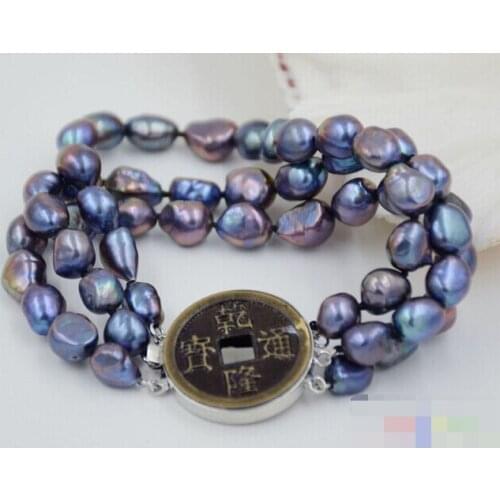 FREE SHIPPING 3row 8" peacock black baroque freshwater cultured pearl bracelet