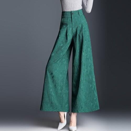 Summer Spring Fashion European Style Women Wide Leg Pleated High Waisted Green Blue Trousers , Woman Female Loose Dobby Pants
