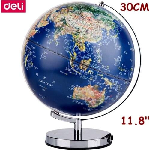 Deli 2165# 30cm (11.8") Teaching Globe with LED lamp Stainless steel support base English & Chinese printing relief surface