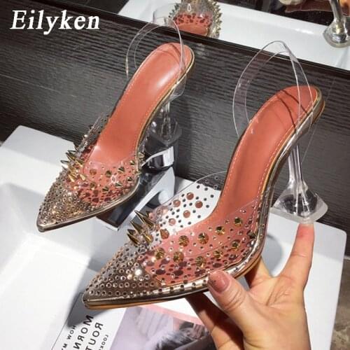EilyKen New Rivet Diamond Transparent Pointed Toe Pumps Strange Heels Female Cover Heel Party Wedding Ladies Plus Size 35-41