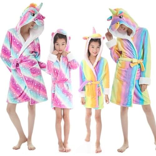 Unicorn Bathrobe Family Matching Clothes Flannel Soft Girl Sleepwear Hooded Mom and Daughter Pajamas Children Bath Robes Clothes