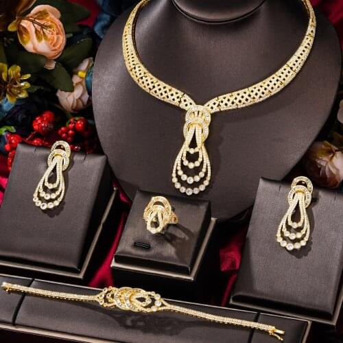 KellyBola Fashion High Quality Zircon Gold Necklace Bracelet Earrings Ring Set Noble Bride Wedding Banquet Exquisite Accessories