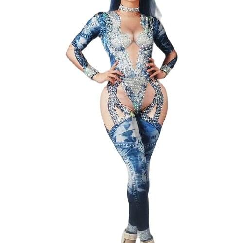 Blue Striped Denim Pattern Rhinestones Jumpsuit Theatrical Costume Women Nightclub Dance Show Wear Performance Suit Stage Outfit