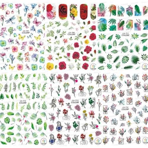 Flora nail sticker for manicure accessories green leaves rose flower butterfly printing self glue slider nail decals WG086