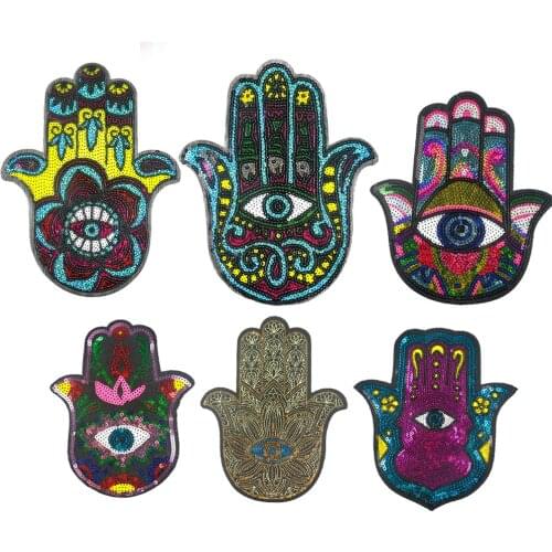 Fatima Palm Hand Sequined Iron on Patches for Clothes DIY Garment Accessories Big Hand Eye Sequins Embroidery Appliques