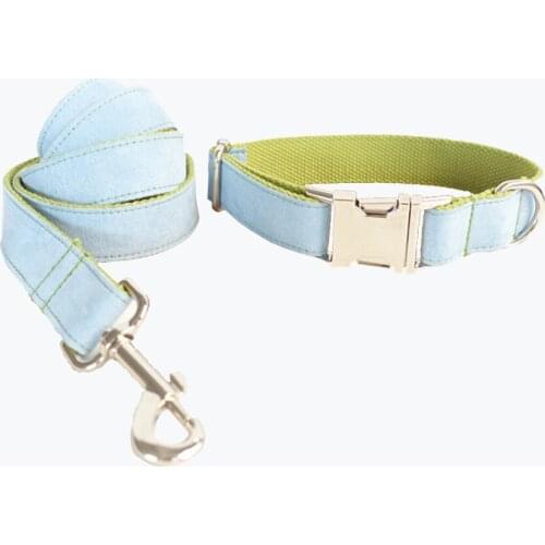 Customized Dog Collar Engraved Puppy ID Tag Leash Collar Set Adjustable Outdoor Solid Canvas Pet Collar Leash BLUE COVER GREEN