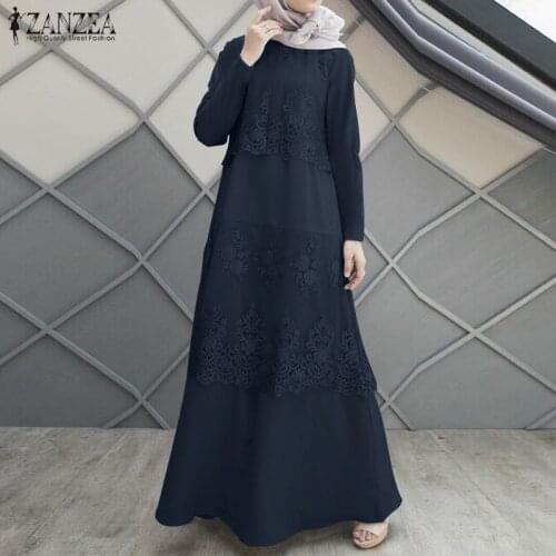 ZANZEA Elegant Women Muslim Lace Crochet Maxi Dress Autumn Long Sleeve Sundress Kaftan Abaya Turkey Hijab Dress Islamic Clothing