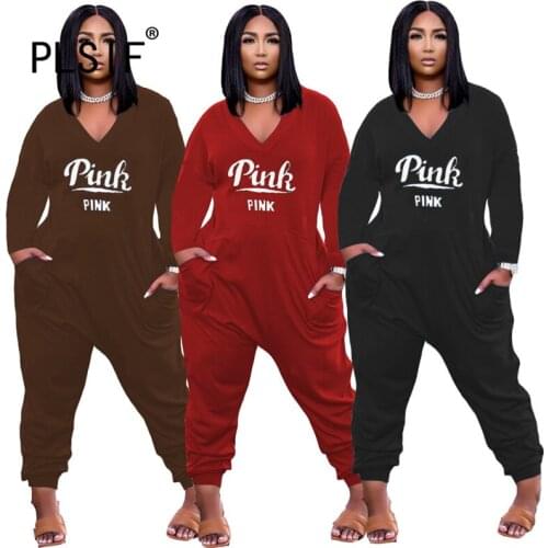 Pink Letter Print Jumpsuit Pocket Sexy Bodycon Playsuits Casual Rompers One Piece Overalls Summer