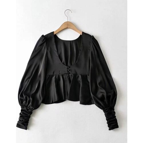 Sexy Jewel Neck Cotton Long Sleeve Crop Length Blouses DLSY739