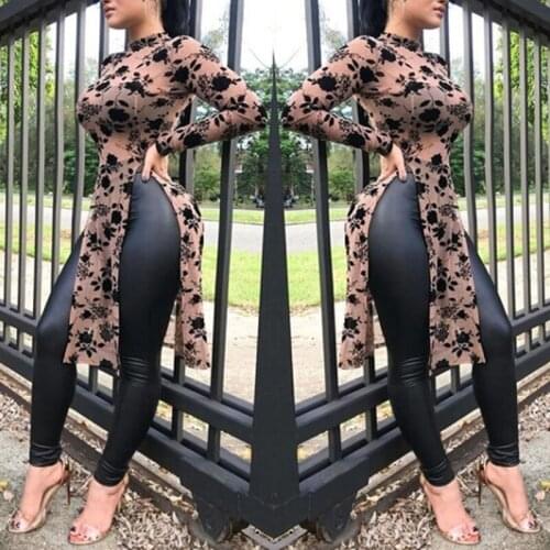 Sexy Side Split Blouse Women Floral Printing Tight Long Blouse Long Sleeve Shirt Ladies Streetwear Camiseta Mujer