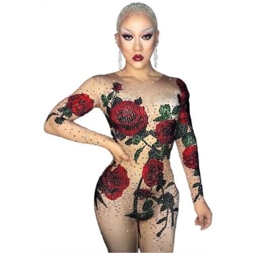 Women Bright Crystals Rose Flower Rhinestones Jumpsuit Female Bodysuit Sexy Costume For Singer Dancer Nightclub Stage DJ Party