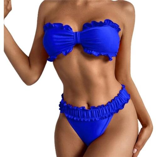 2021 Summer Ladies Off Shoulder Swimwear Set Adults Women Solid Color Lace Decoration Sexy Strapless Backless Bikini Swimsuit