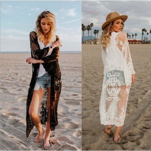 Women Sexy Long Cardigan Thin Mesh Lace Beach Dress Bikini Covers Sunscreen Shirt Seaside Vacation Long Loose Beach Blouse
