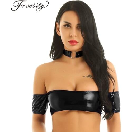 Womens Stage Pole Dance Clubwear Shiny Strapless Bandeau Tube Top Sexy Tank Tops with O-Ring Collar Choker Necklace Breast Wrap