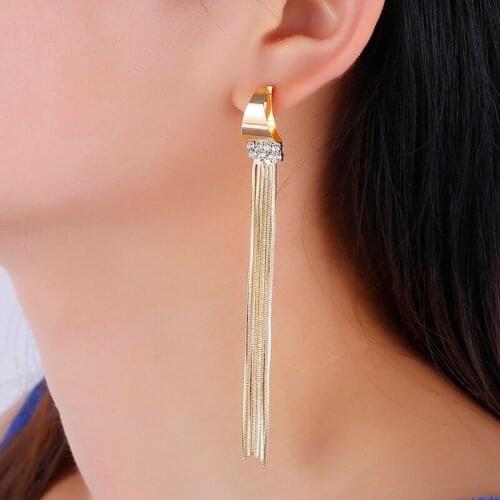 2020 new trendy long golden tassel dangle drop earrings for women elegant crystal rhinestone wedding earring accessories gift