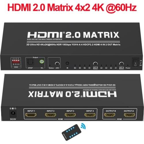 4K HDMI-compatible Splitter 60Hz 3D Ultra HD 4X2 Matrix Switch 2.0 HDR 18Gbps ARC 4 In 2 Out Spdif Audio EDID IR Remote HDCP 2.2