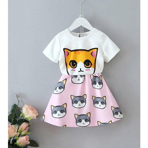 LUCKKIDS T-Shirt + Skirt Suit Cat Full Seal Outfit Priting Pink Skirt 2021 Summer Vibe Birthday Gift 2-6T