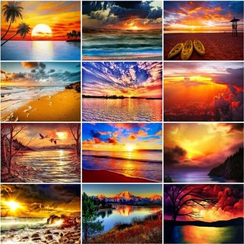 HUACAN 5D Diy Diamond Painting Seaside Sunset Landscape Embroidery Cross Stitch Home Decoration Wall Sticker