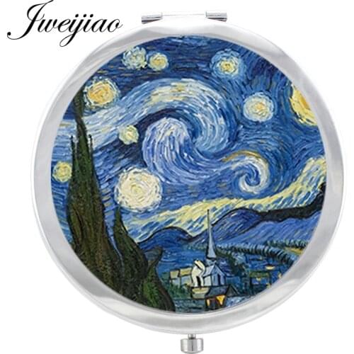 JWEIJIAO Starry Night Van Gogh Paintings Glass Cabochon Makeup Mirror Floding Round compact Hand pocket Mirror espejo