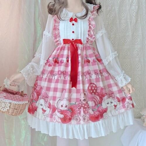Kawaii Lolita Strawberry Sleeveless JSK Cute Rabbit Sweet Lolita JSK Dress Girls Princess Dress