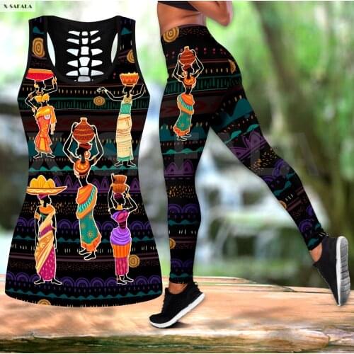 African Art 3D Printed Women Two Piece Yoga Set Vest Hollow Combo Tank Top Legging Waist Sport Fitness Quick Dry E5