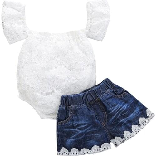 Newborn Clothes Girl Summer Outfits Sets Off-shoulder Floral Lace Boat Neck Short Sleeve Romper + Solid Color Jeans with Pockets