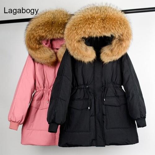 Lagabogy 2021 Big Real Raccoon Fur Winter Women Hooded Down Jacket Female Warm Thick Loose Parkas White Duck Down Coat Outerwear