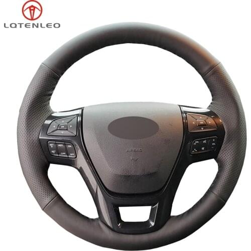 LQTENLEO Black Genuine Leather DIY Hand-stitched Car Steering Wheel Cover For Ford Explorer 2016-2019