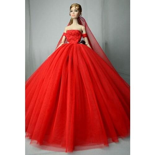 Fashion Red Off Shoulder Wedding Dress for Barbie Doll Clothes Outfit Vestidos Princess Party Gown 1/6 BJD Accessories Kids Toys
