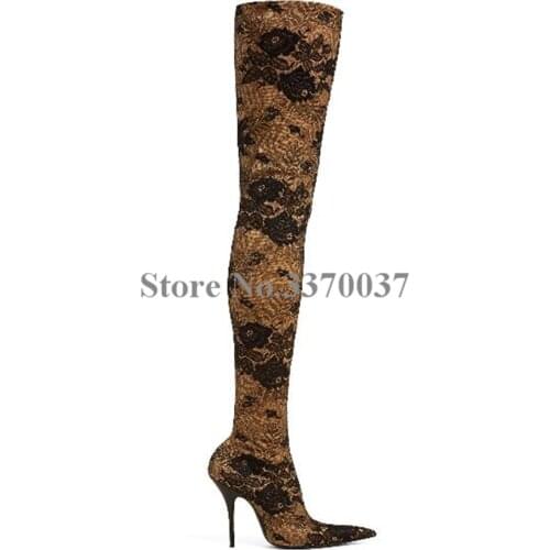Women New Fashion Pointed Toe Printed Velvet Bandage Over Knee Boots Thigh High Slim Stretchable High Heel Boots Dress Shoes