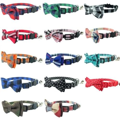 15 Colors Cat Collar Breakaway Bow Tie Bell Accessories Cotton Plaid Dots Collars Quick Release Puppy Cat Kitten Collar 17-28cm