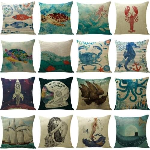 Mermaid Sea Turtle Pattern Cotton Linen Throw Pillow Cushion Cover Car Home Bed Decoration Sofa Bed Decorative Pillowcase