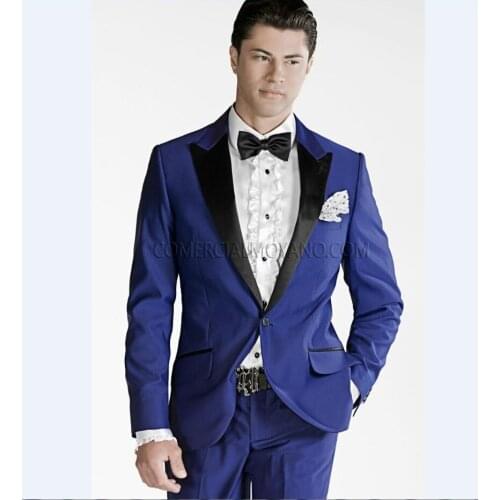 Custom Made Groomsmen Peak Black Lapel Groom Tuxedos Royal Blue Men Suits Wedding Best Man (Jacket+Pants+Tie+Hankerchief) B858