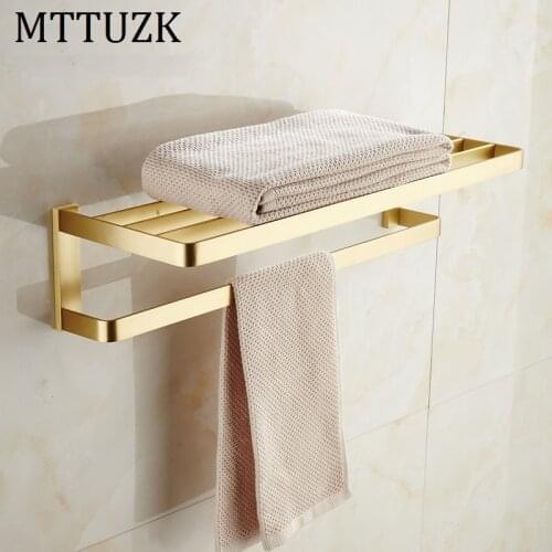 MTTUZK Solid Brass Brushed Gold Towel Rack Bath Towel Holder With Towel bar Bathroom Shelves Bathroom Double Towel Rack