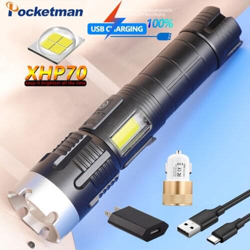 50000Lumens XHP70 Flashlight USB Rechargeable Led High-Power Flashlight Power Bank Torch With COB Side Light Outdoor Lighting