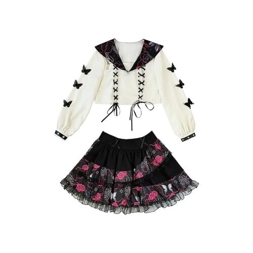 SweetCool Harajuku Preppy Style Girls Black Print Skirt Autumn Punk Sweet Fashion Kawaii Lolita Cake Mini Skirts JK Uniform Suit