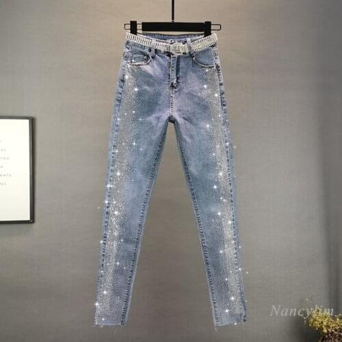 Womens Jeans 2021 Spring Summer New Elastic Slim Fit Hot Drilling Pencil Pants Female Fashion All-Match Grey Black Denim