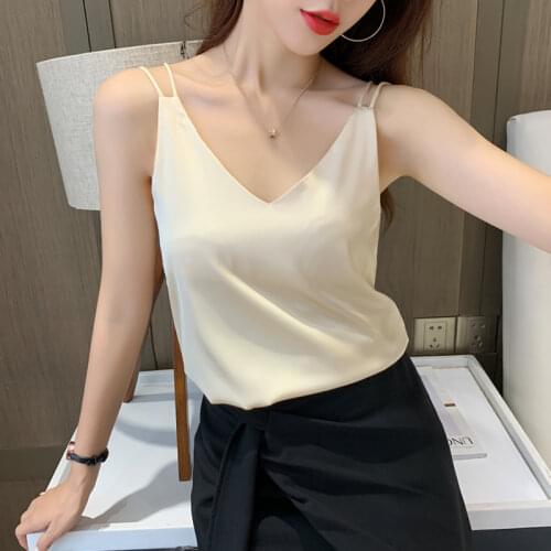 Women Fashion Silk Camis Women Satin Tops Woman Sleeveless Tank Tops Woman Satin V-neck Vest Plus Size Female Top White Clothing