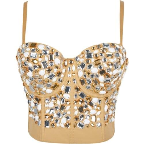 Women Tops With Built In Bra Push Up Bralette Nightclub Performance Crop Tops Acrylic Imitation Gemstone Camis Summer Top