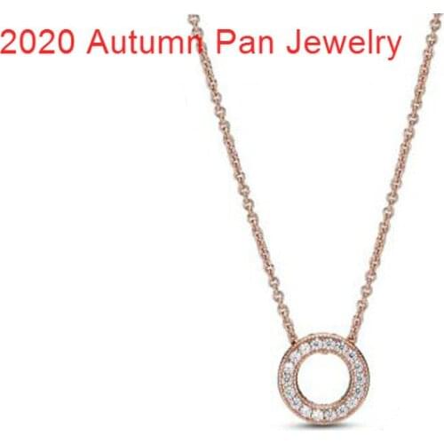 2020 Autumn New S925 Sterling Silver Necklaces Rose Pave Circle Heart Necklace Fit Original Pandora Pendants Women Birthday Gift