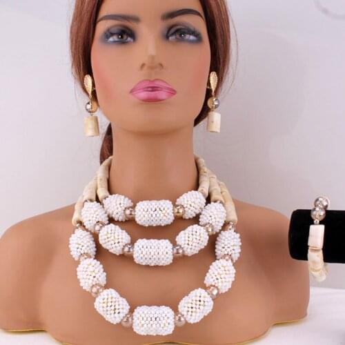 4UJewelry White African Coral Beads Jewelry Set Original Nigerian Coral Beads 3 Layers Bridal Jewelry Set