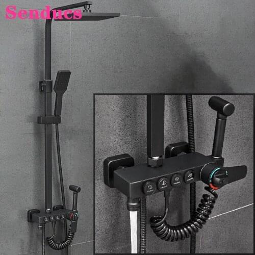 Black Thermostatic Shower Set Rainfall Shower Head Quality Brass Thermostatic Bathtub Mixer Tap Hot Cold Black Shower System